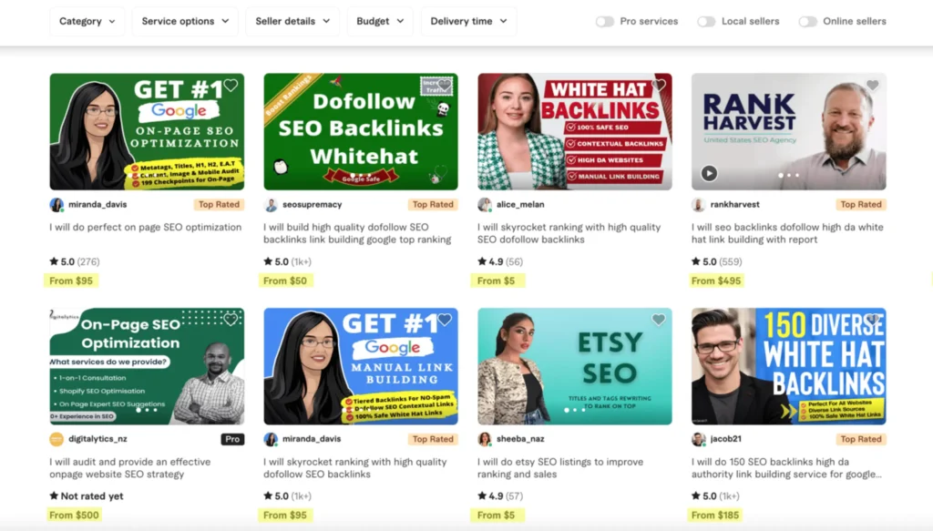 Fiverr Search Results for SEO Gigs - How to Rank on Page 1