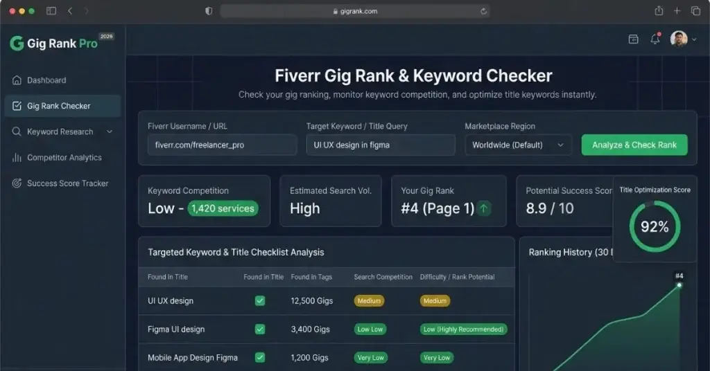 Gig Rank Pro free Fiverr SEO tool for gig keywords, titles and tags